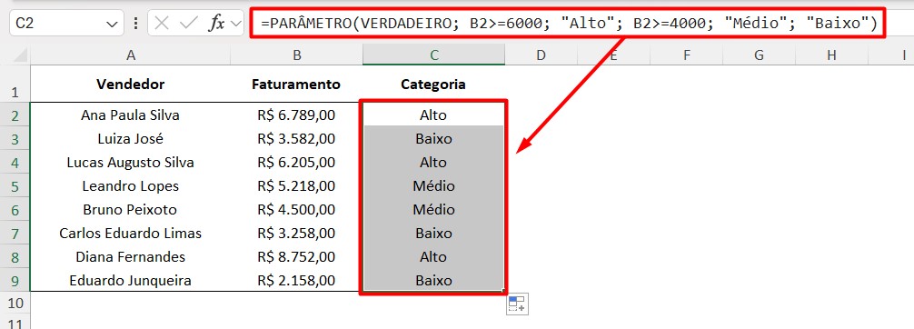 Resultado da Função PARÂMETRO no Excel