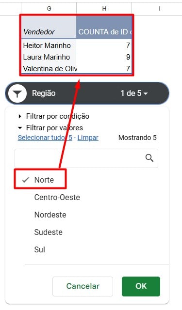 Filtrando Dados da Tabela Dinâmica por Região no Google Planilhas