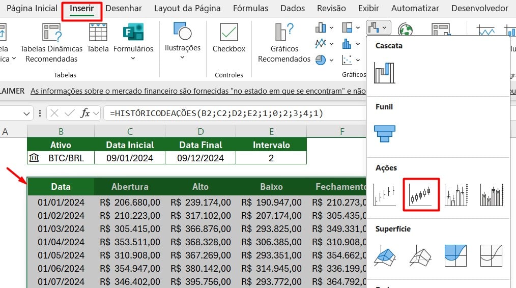 Inserindo Gráfico de Ações no Excel