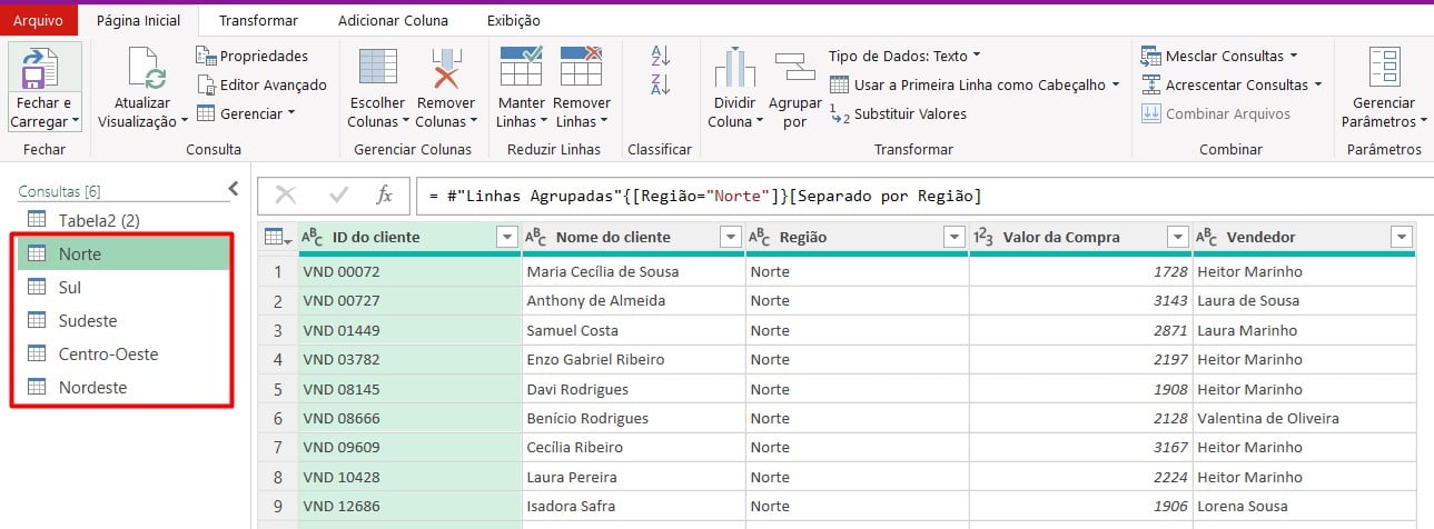 Separando as Regiões por Planilhas no Power Query