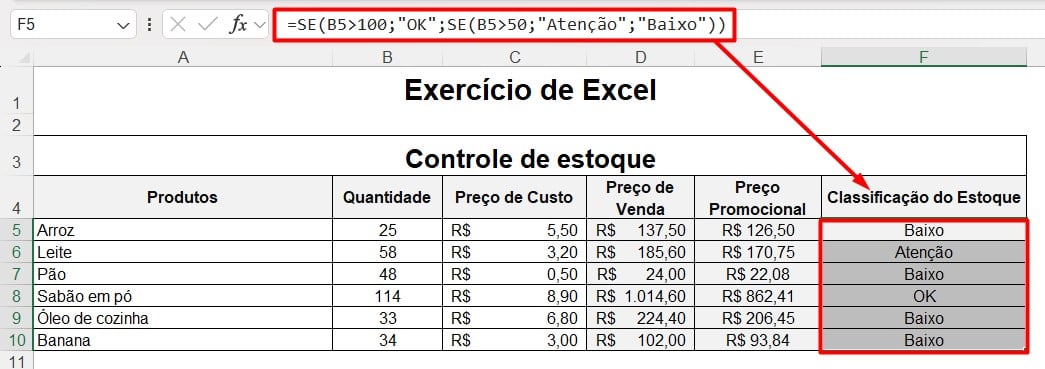 Resultado da Função SE com Três Critérios no Excel