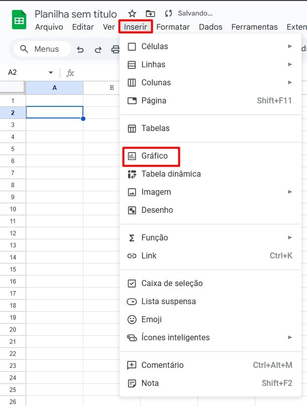 Opção de Inclusão de Gráfico no Google Planilhas