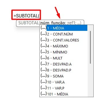 Sintaxe da Função SUBTOTAL no Excel