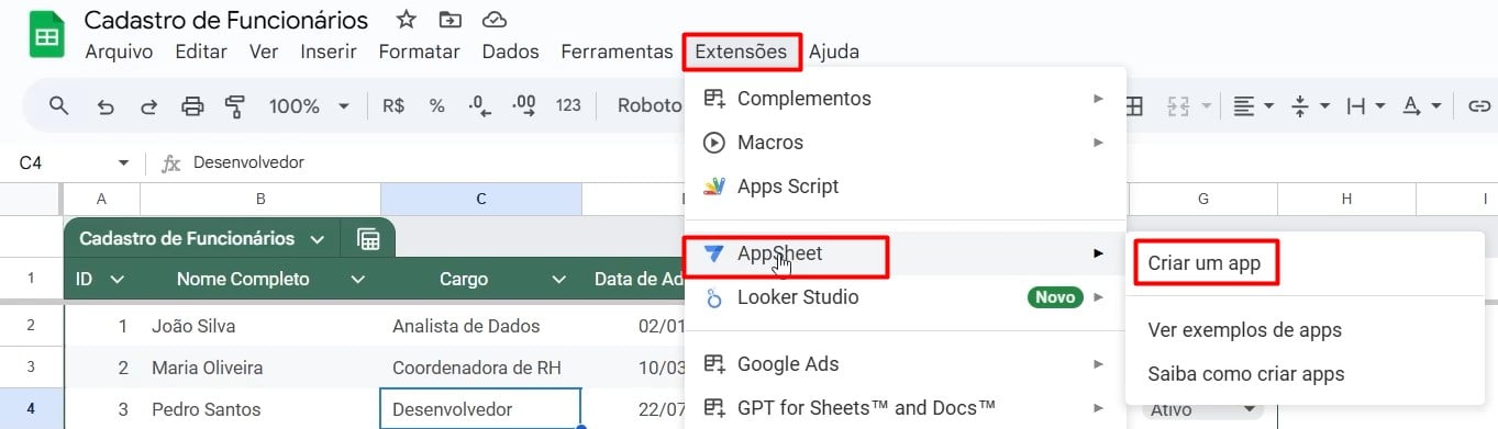 Acessando o AppSheets no Google Sheets