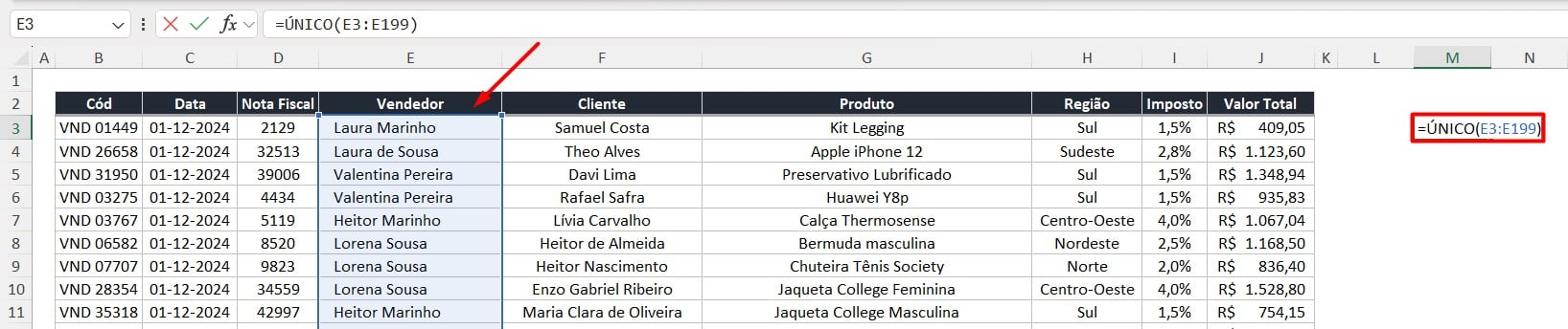 Aplicando a Função ÚNICO no Excel