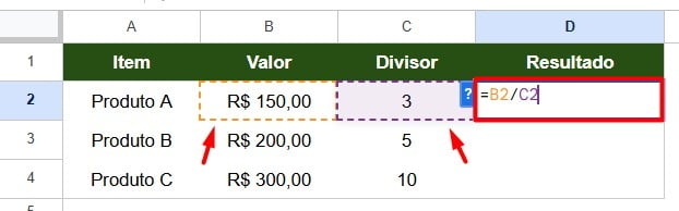 Divisão de Valores no Google Sheets