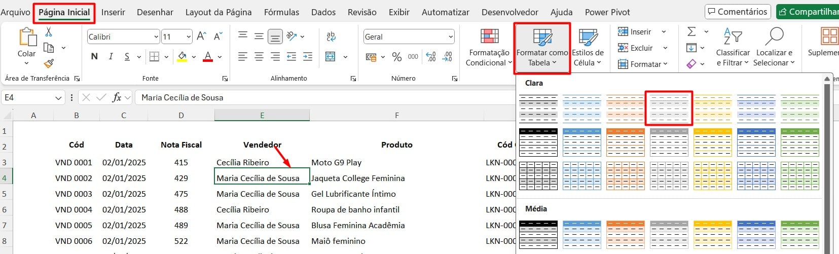 Formatando Dados como Tabela no Excel