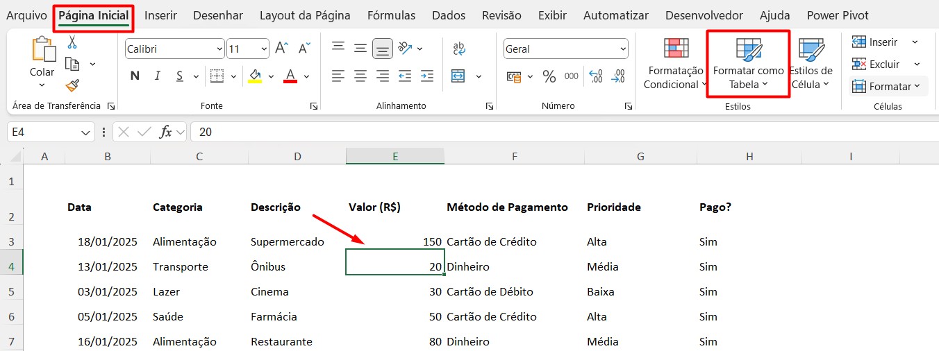 Formatando Dados como Tabela no Excel