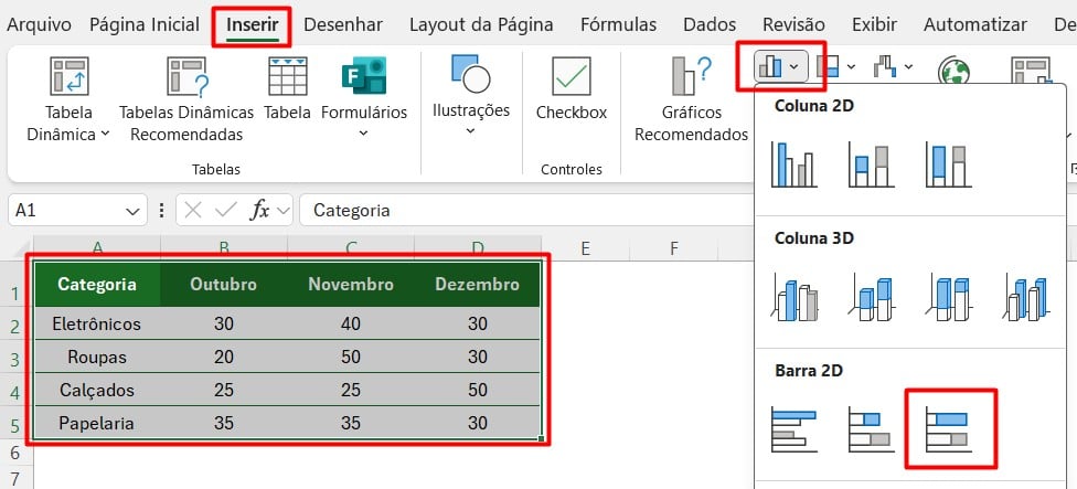 Inserindo Gráfico de Barras Empilhadas no Excel