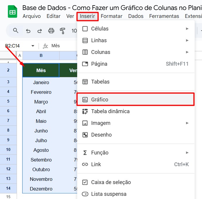 Inserindo Gráfico de Colunas no Planilhas Google