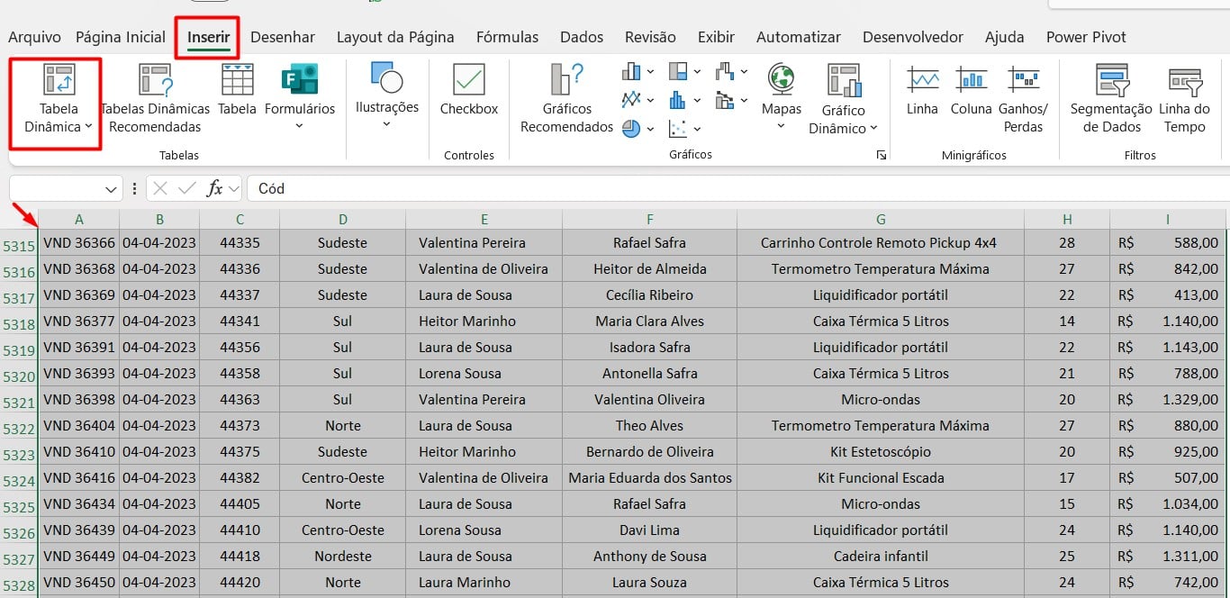 Inserindo Tabela Dinâmica no Excel