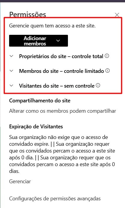 Permissões do Site do SharePoint