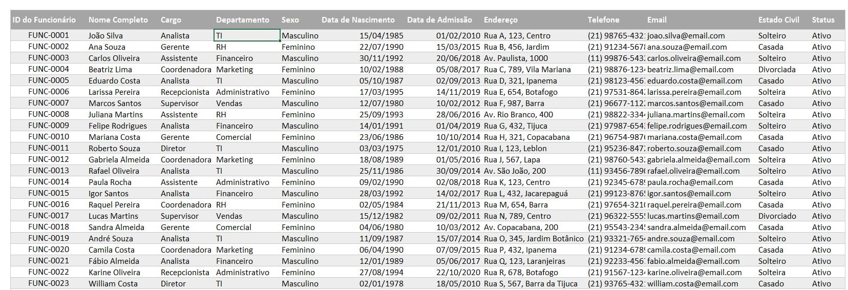 Planilha de Cadastro de Funcionários no Excel