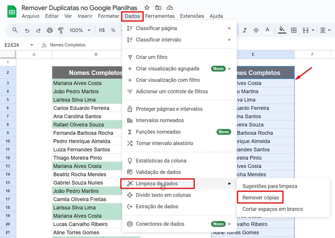 Removendo Dados Duplicados no Google Sheets