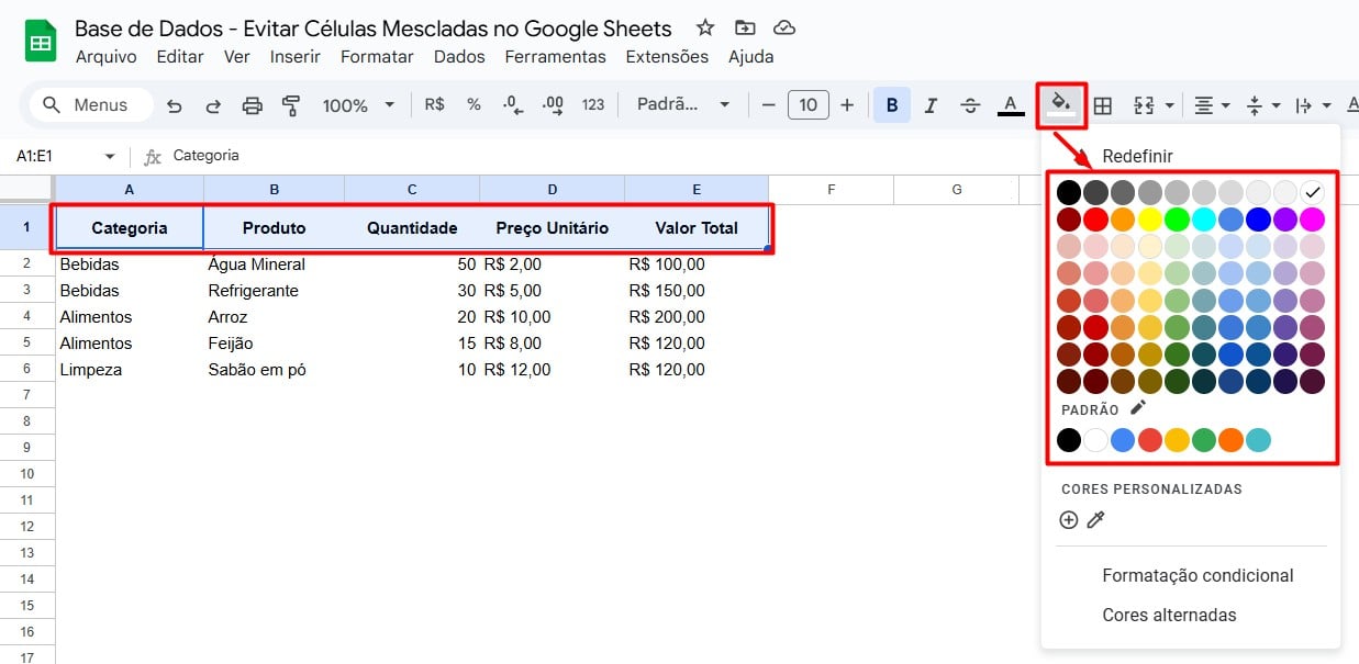 Selecionando Cores de Preenchimento na Tabela do Google Sheets