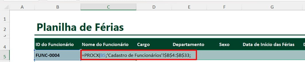 Aplicação da Função PROCX no Excel