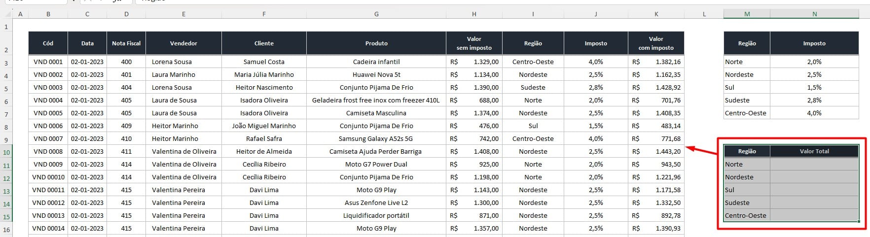 Base Para Calcular o Total de Vendas por Região no Excel