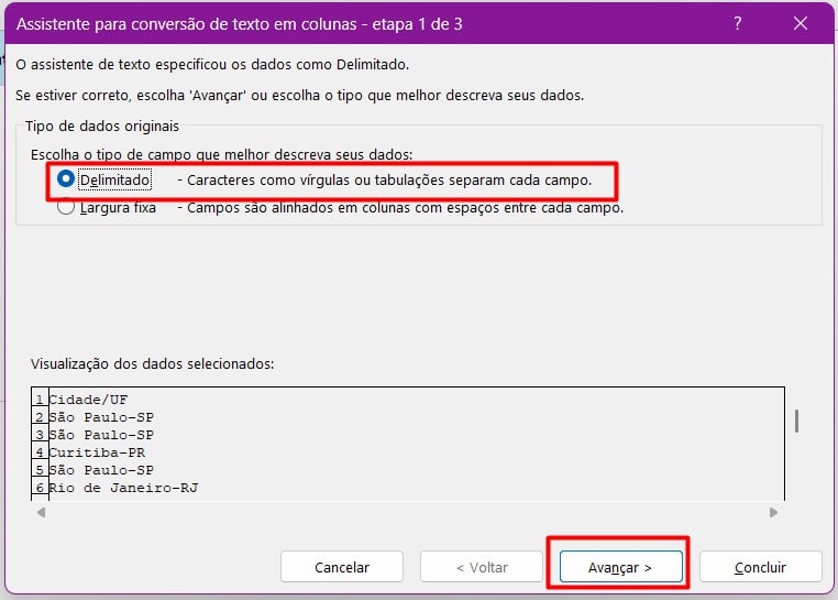 Escolhendo o Delimitador para Separar os Dados das Células no Excel