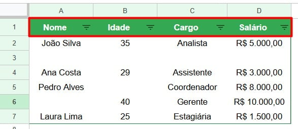 Filtros Incluídos na Planilha do Google