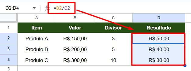 Resultado da Divisão de Valores no Google Sheets