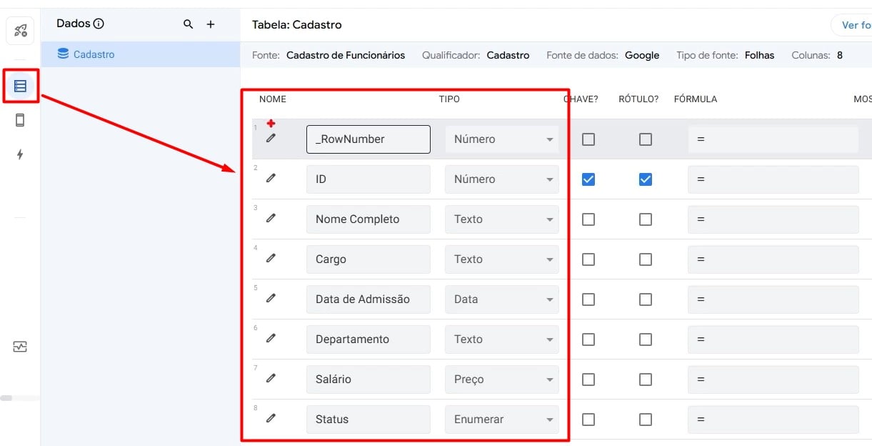 Acessando a Aba de Dados para Configurar o App