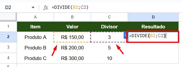 Aplicação da Função DIVIDE