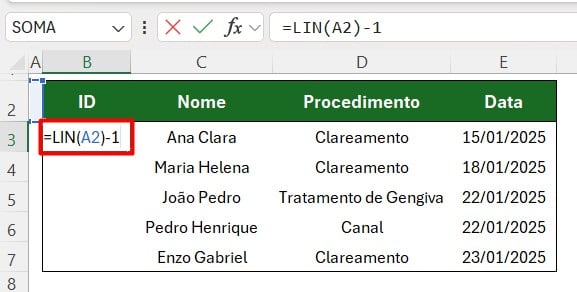 Aplicação da Função LIN no Excel