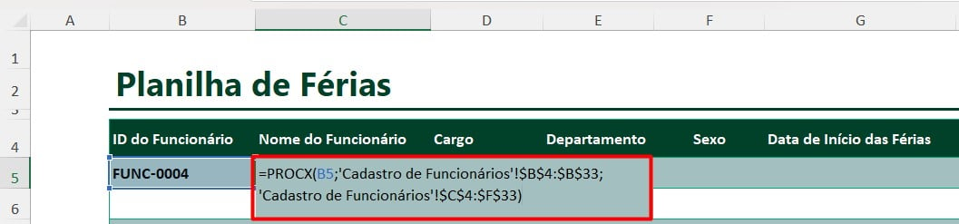 Aplicação da Função PROCX no Excel