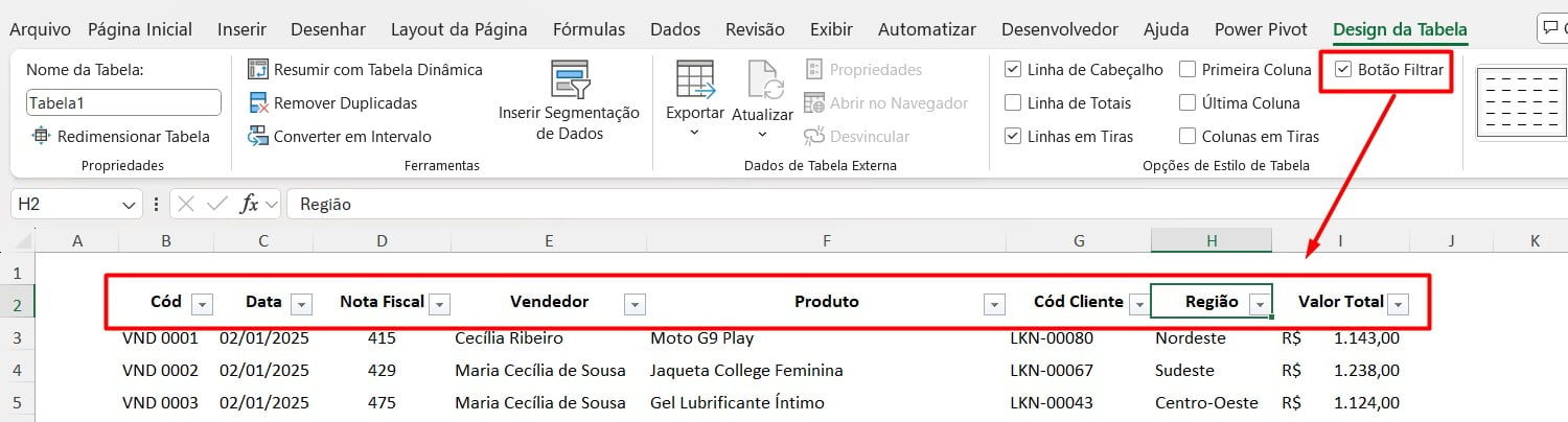 Botões de Filtro na Tabela do Excel