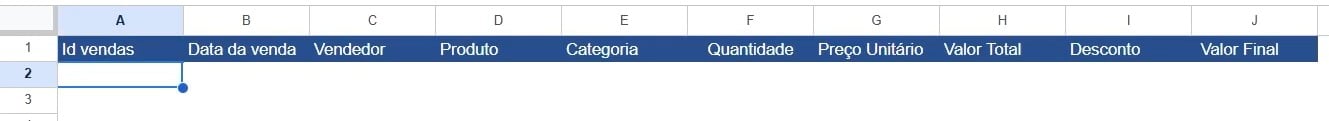 Cabeçalho para o Cadastro de Vendas no Google Sheets