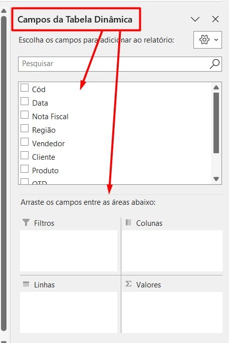 Campos da Tabela Dinâmica no Excel