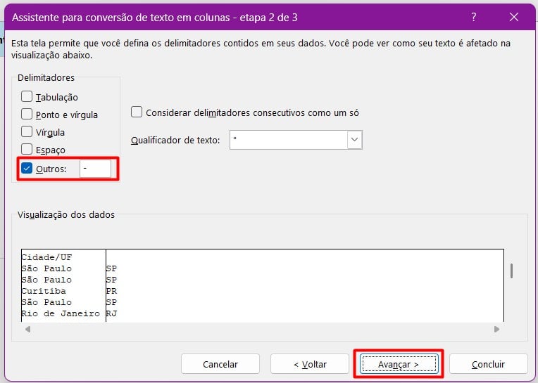 Escolhendo o Delimitador para Separar os Dados das Células no Excel