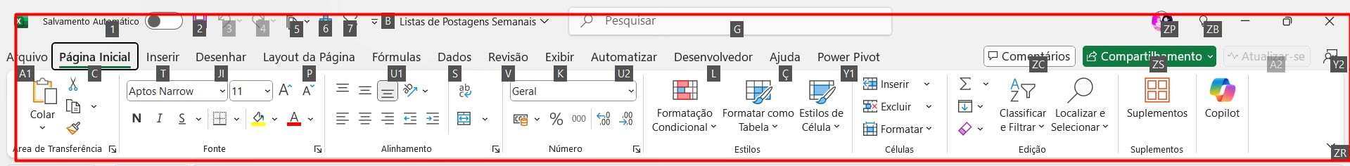 Opções de Atalhos no Excel