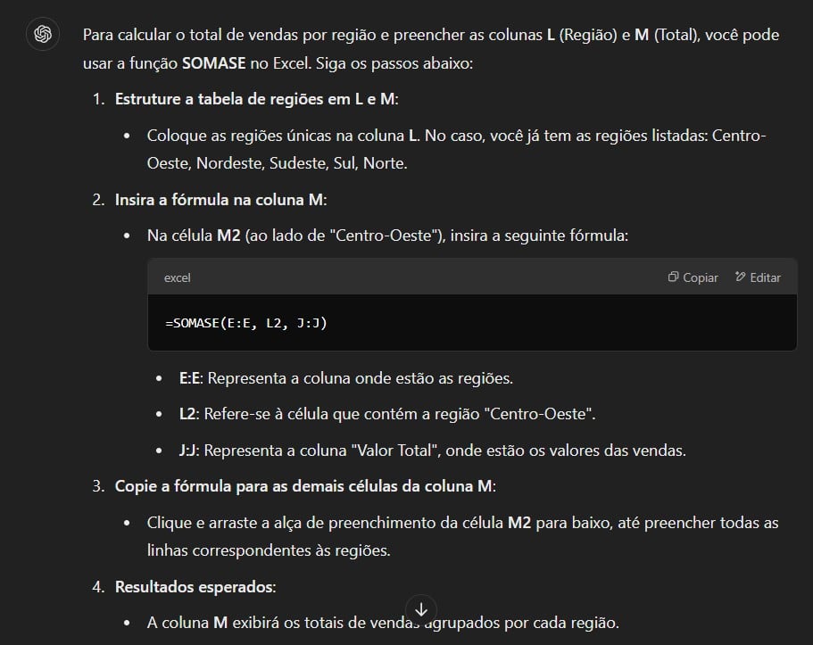 Orientações do ChatGPT para Cálculos no Excel