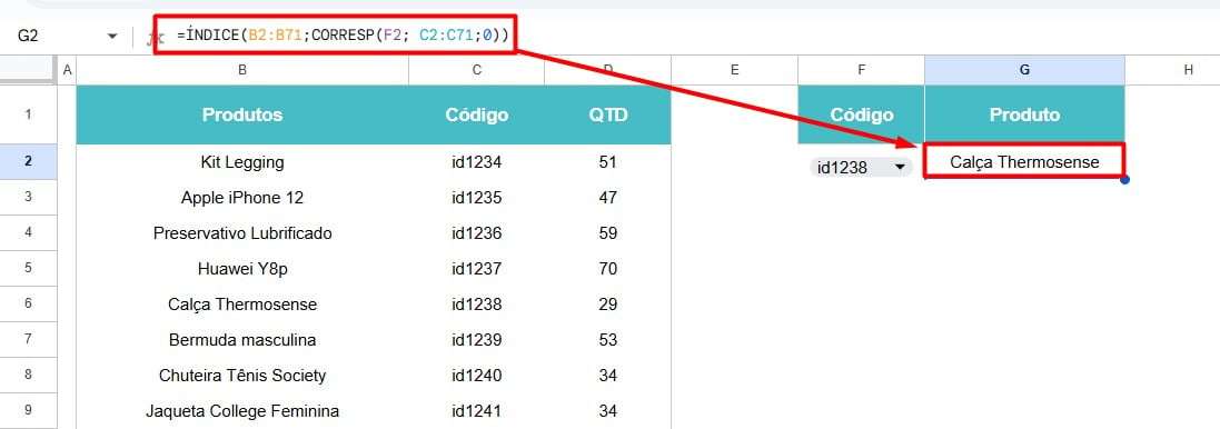 Resultado das Funções ÍNDICE e CORRSP no Planilhas Google