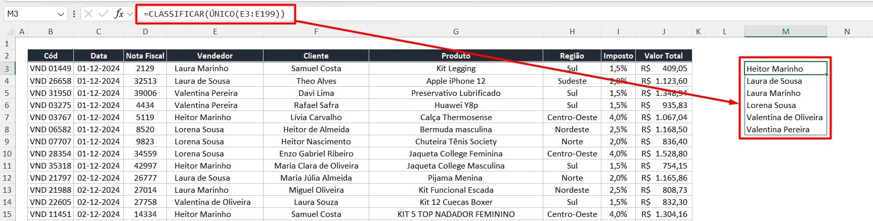 Resultado das Funções ÚNICO e CLASSIFICAR no Excel