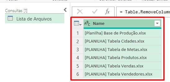 Tabela com o Nome dos Arquivos no Power Query