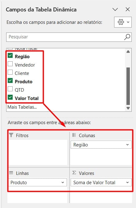 Configurando os Campos da Tabela Dinâmica no Excel