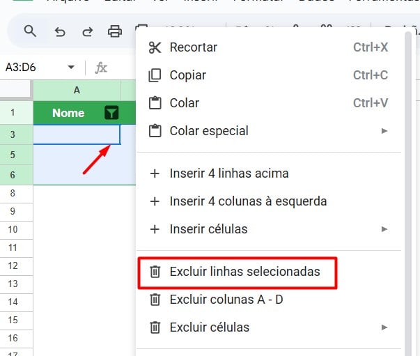 Excluindo Linhas em Branco no Google Planilhas