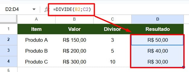 Resultado da Função DIVIDE no Google Sheets