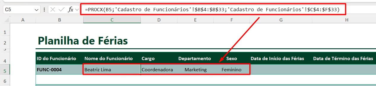 Resultado da Função PROCX no Excel