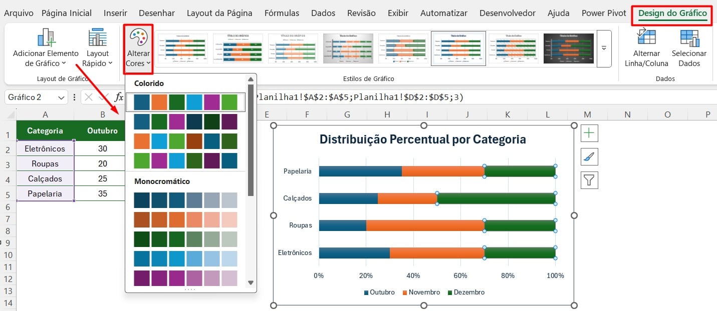 Alterando Cores do Gráfico de Barras Empilhadas no Excel