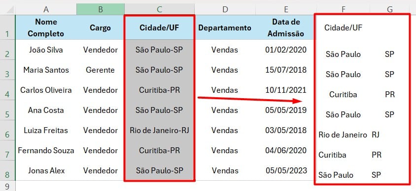 Dados Separados em Células no Excel