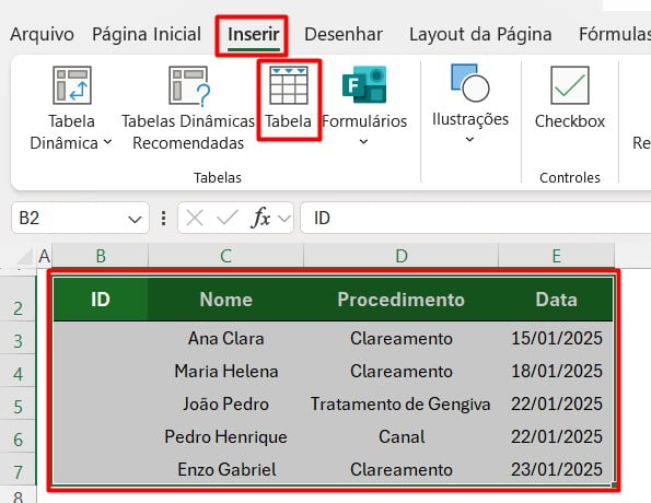 Inserindo Tabela no Excel