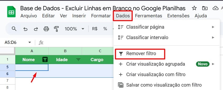 Removendo Filtro no Google Planilhas