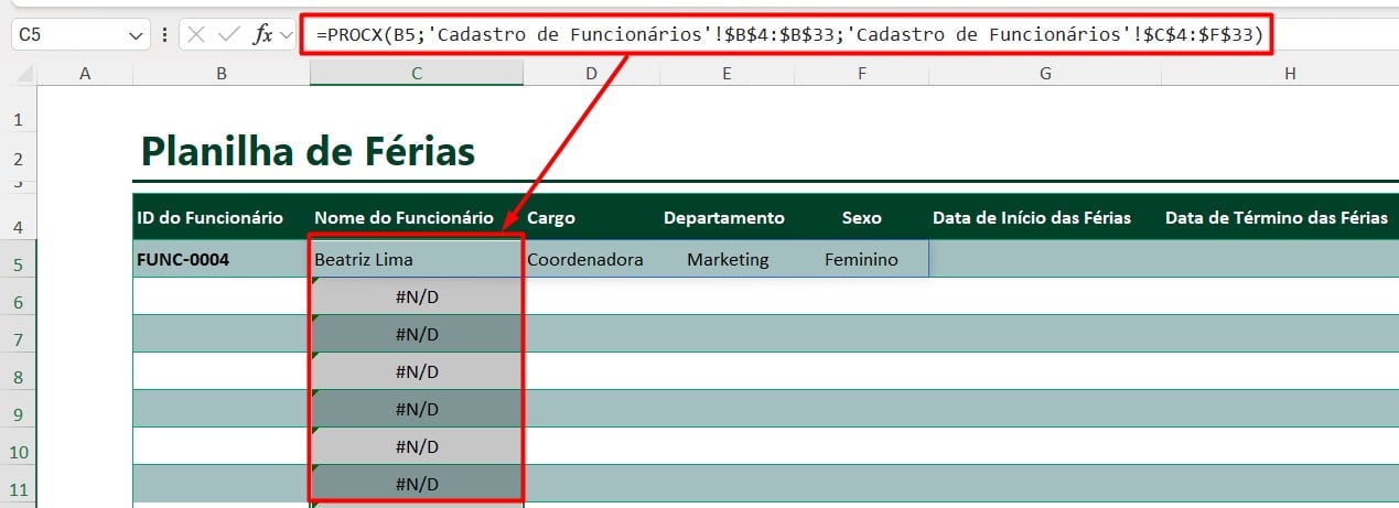 Resultado da Função PROCX no Excel