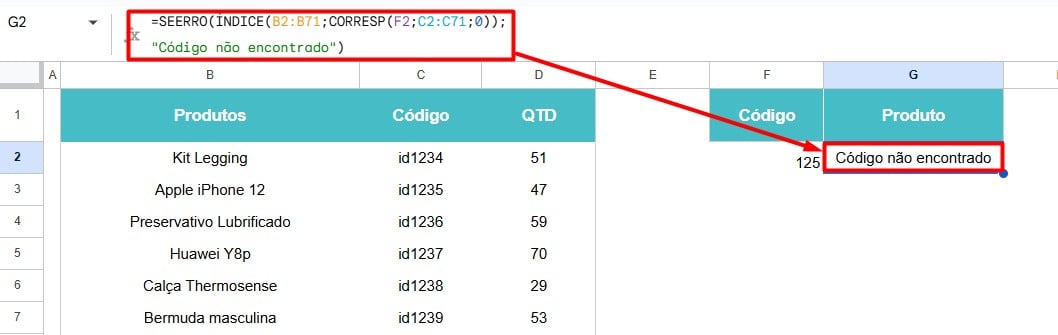 Resultado da Função SEERRO na Fórmula de ÍNDICE e CORREP no Planilhas Google