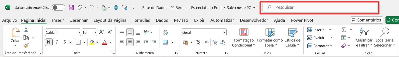 Barra de Pesquisa de Recursos no Excel