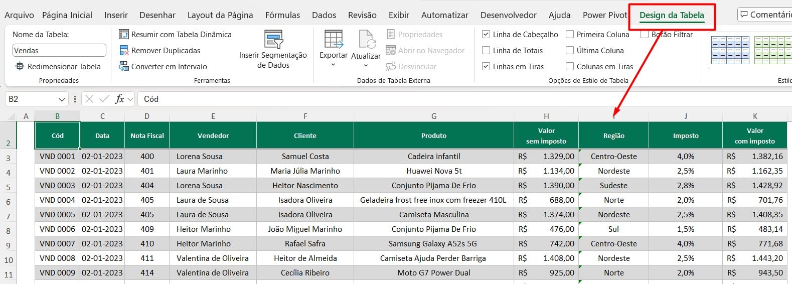 Dados Formatados como Tabela no Excel