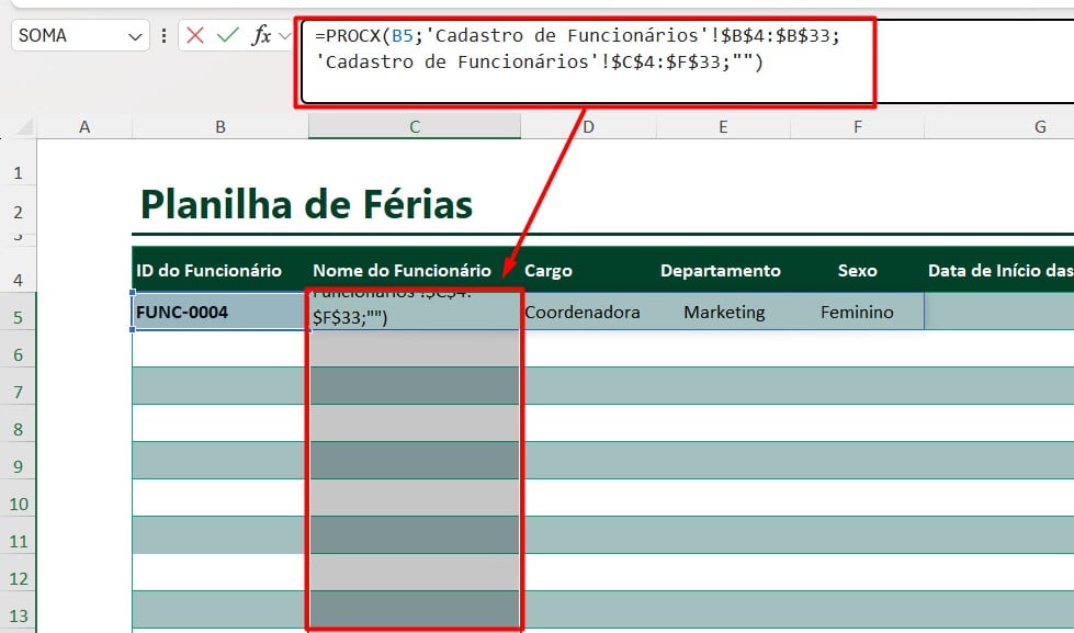 Resultado da Função PROCX no Excel